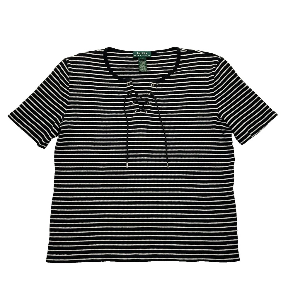 Ralph Lauren Top Women L Black Cotton‎ Striped Nautical Lace Up Casual Comfort